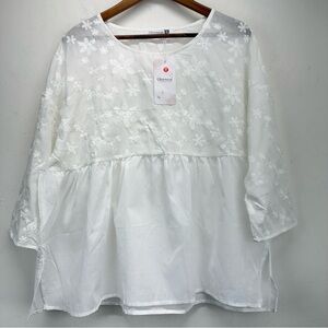 Gleeneat size XL Women’s White Floral Embroidered 3/4 Sleeve Babydoll Blouse NWT